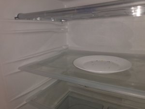 Pusty talerzyk z okruchami w lodówce