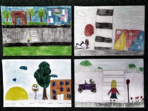 Praca plastyczna, cztery rysunki przedstawiające przejście dla pieszych, znaki drogowe, policjant, droga, dzieci