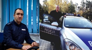 po lewej stronie policjant siedzący przy biurku a po prawej policjant stojący przy radiowozie