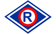 logo na białym tle, niebieski romb z czerwono - białym okręgiem i literą R w środku